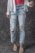 Light Wash Frayed Slim Fit High Waist Jeans