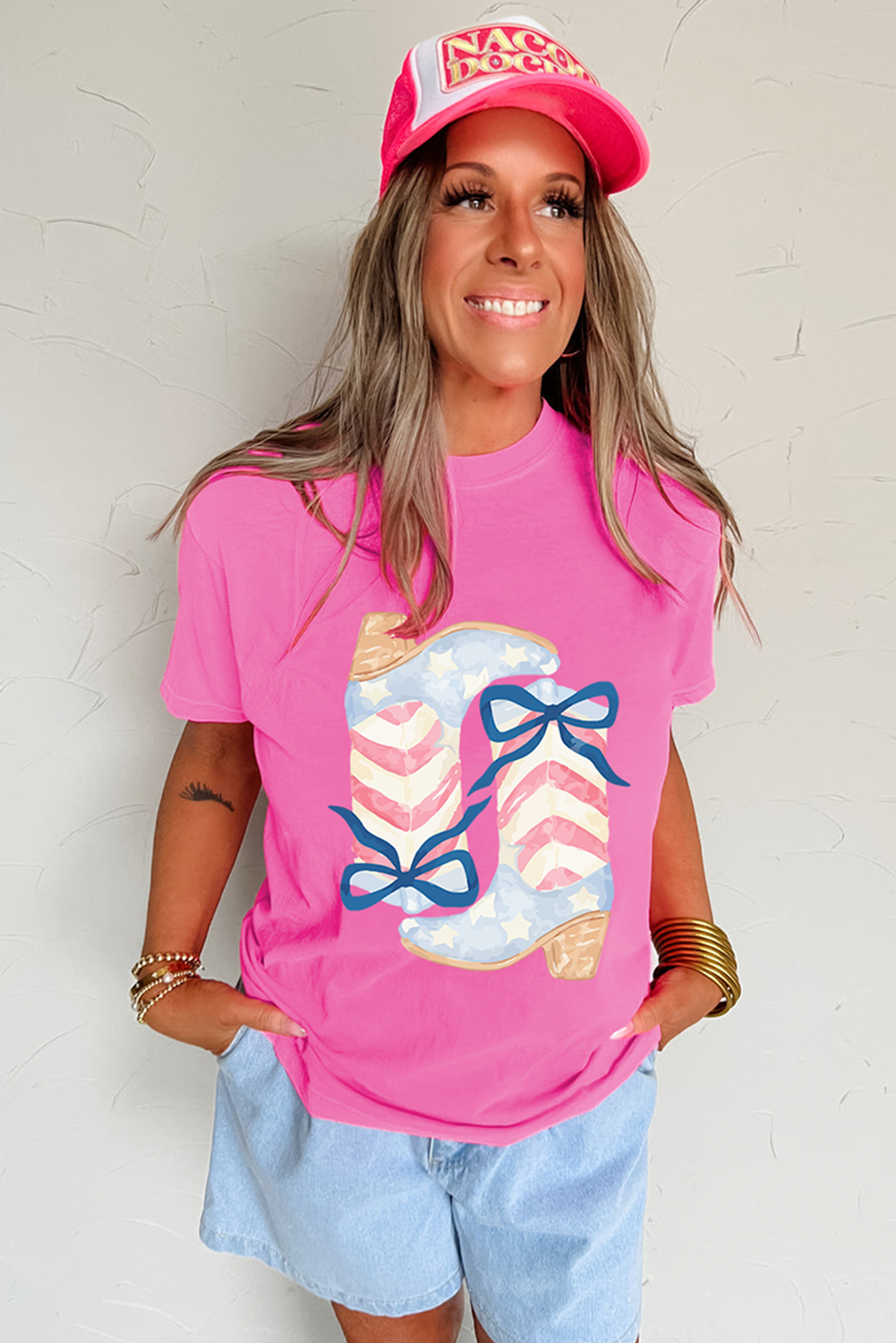 Flag Pattern Boots Bow Casual Graphic Tee