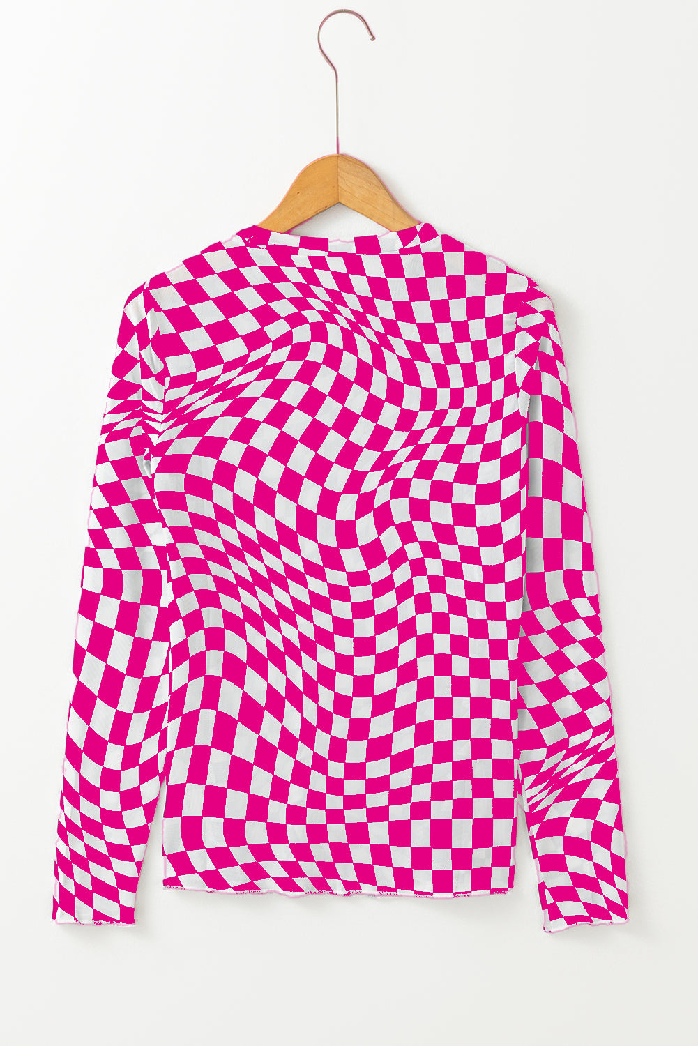 Checkered Pattern Mesh Mock Neck Long Sleeve Top