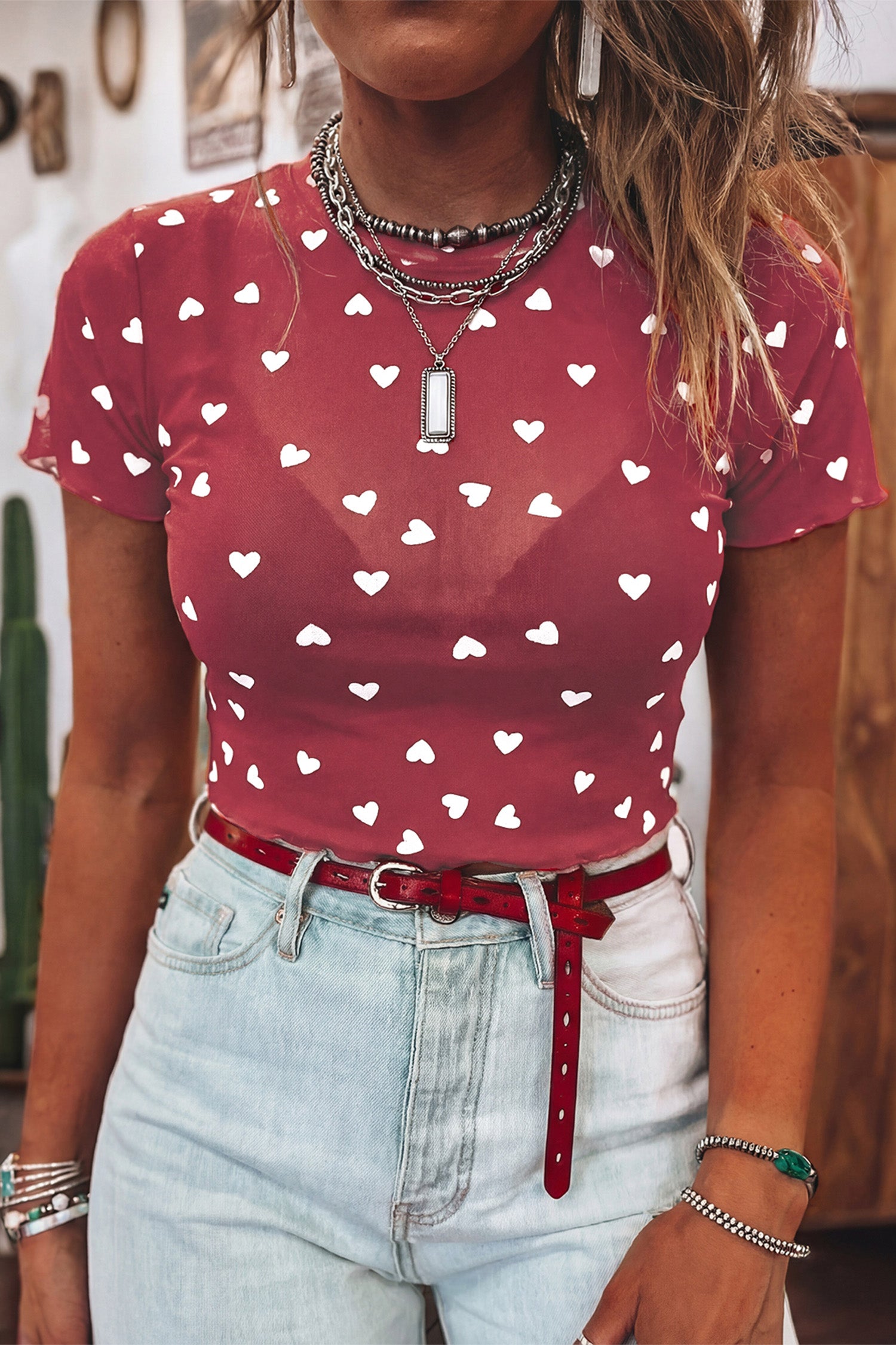 Heart Mesh Short Sleeve Top