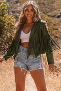 Green Cropped Fringe Faux Suede Jacket
