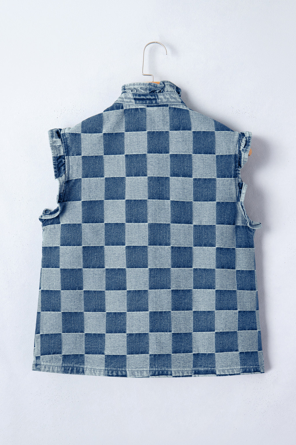 Checkered Ruffle Button Down Denim Vest