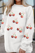Ribbed Sequin Cherry Bow Drop Shoulder Sweatshirt