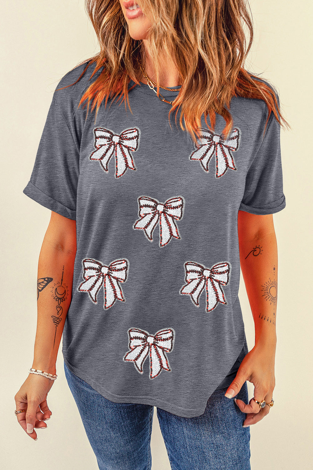 Gray Sequin Bow Baseball Fashion Graphic Tee