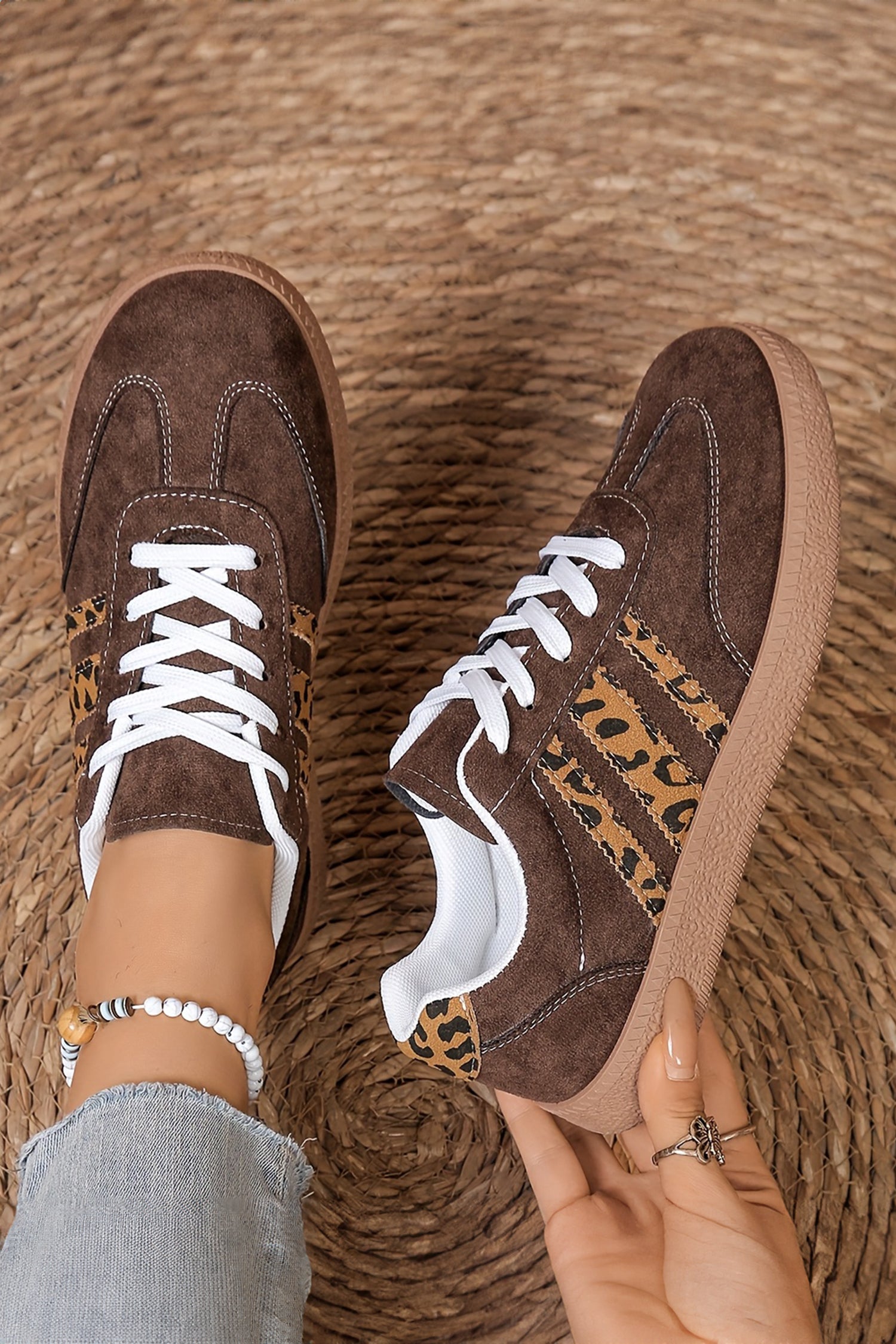 Coffee Lace-up Leopard Faux Suede Shoes