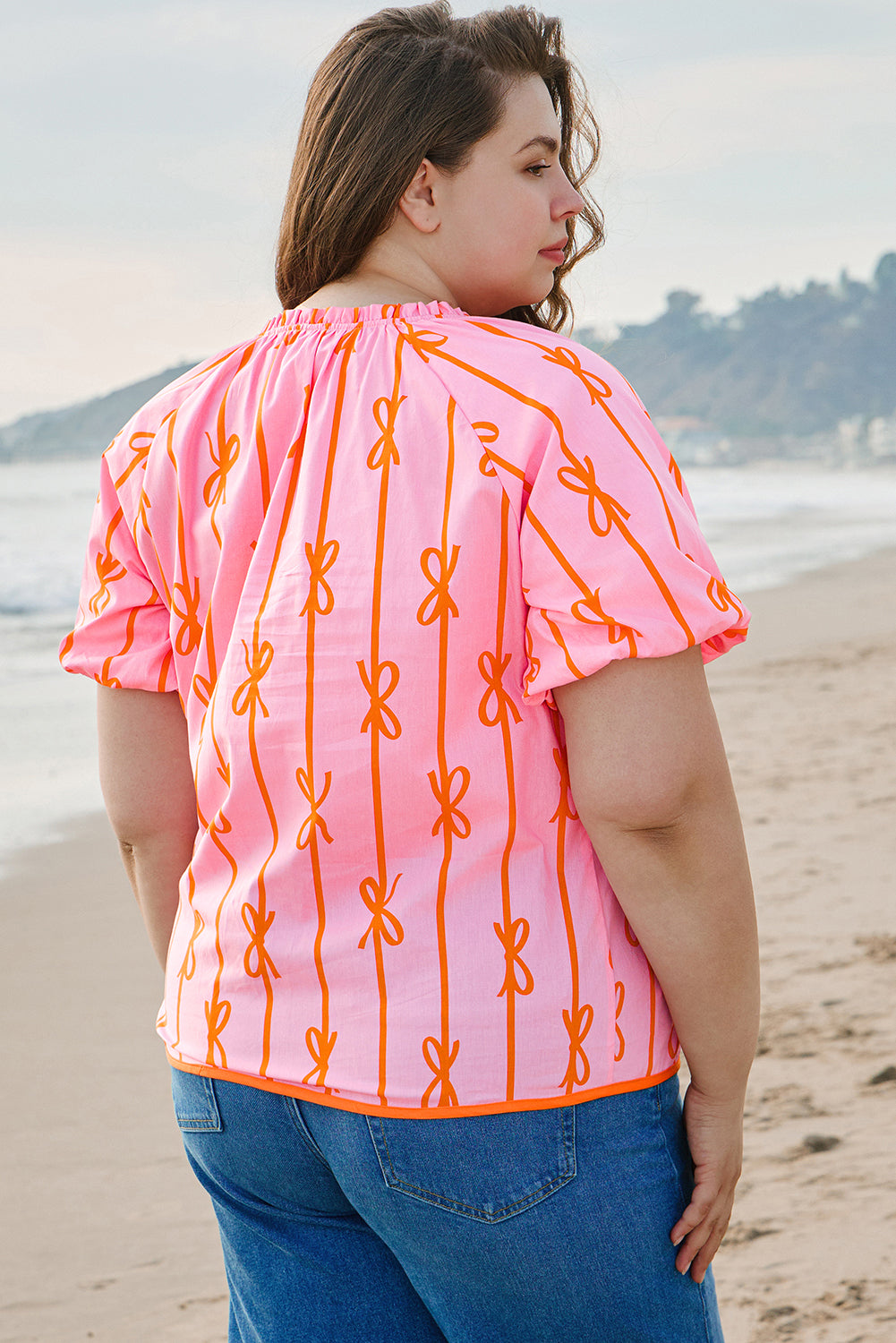 Plus Size Bowknot Puff Sleeve Blouse