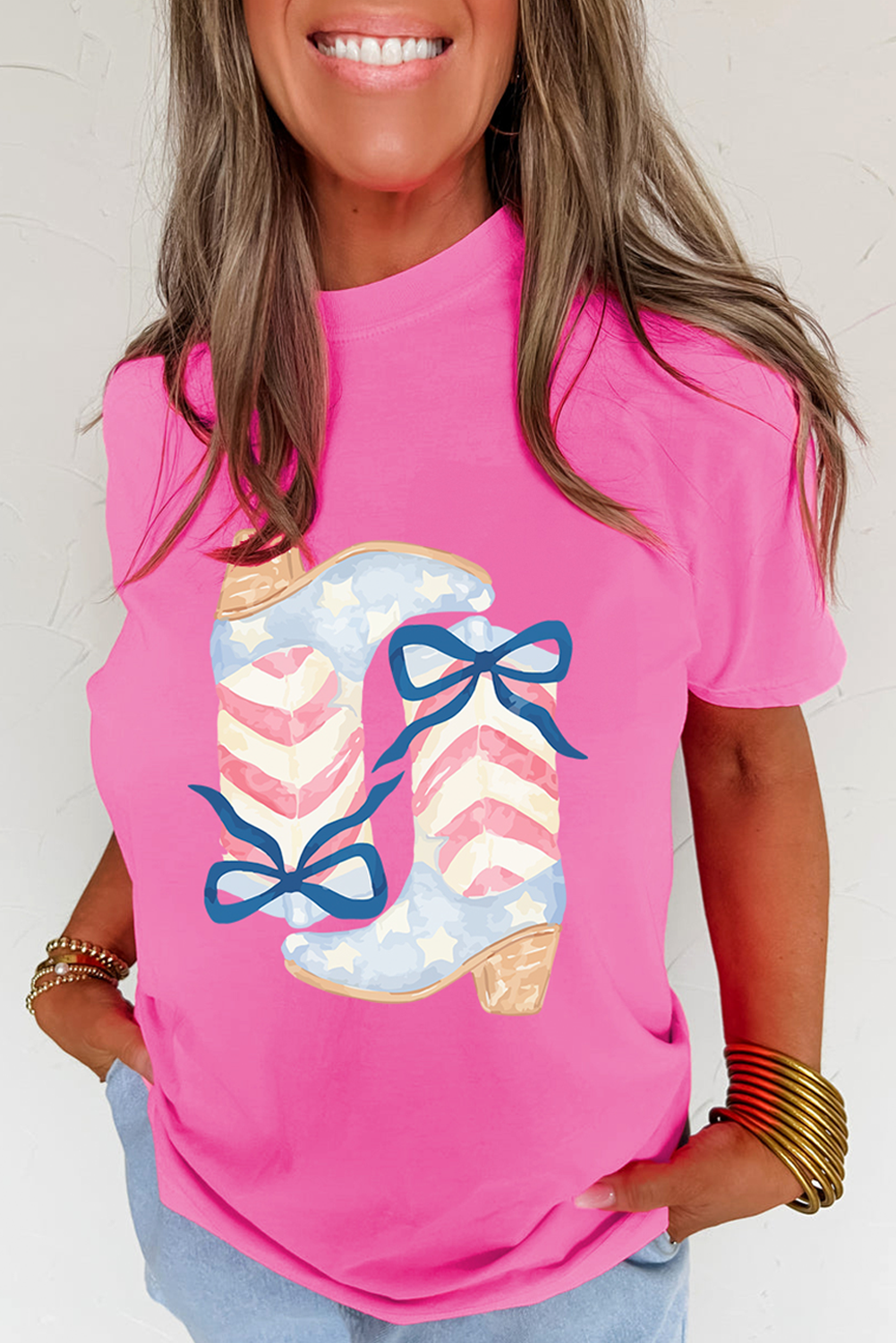Flag Pattern Boots Bow Casual Graphic Tee