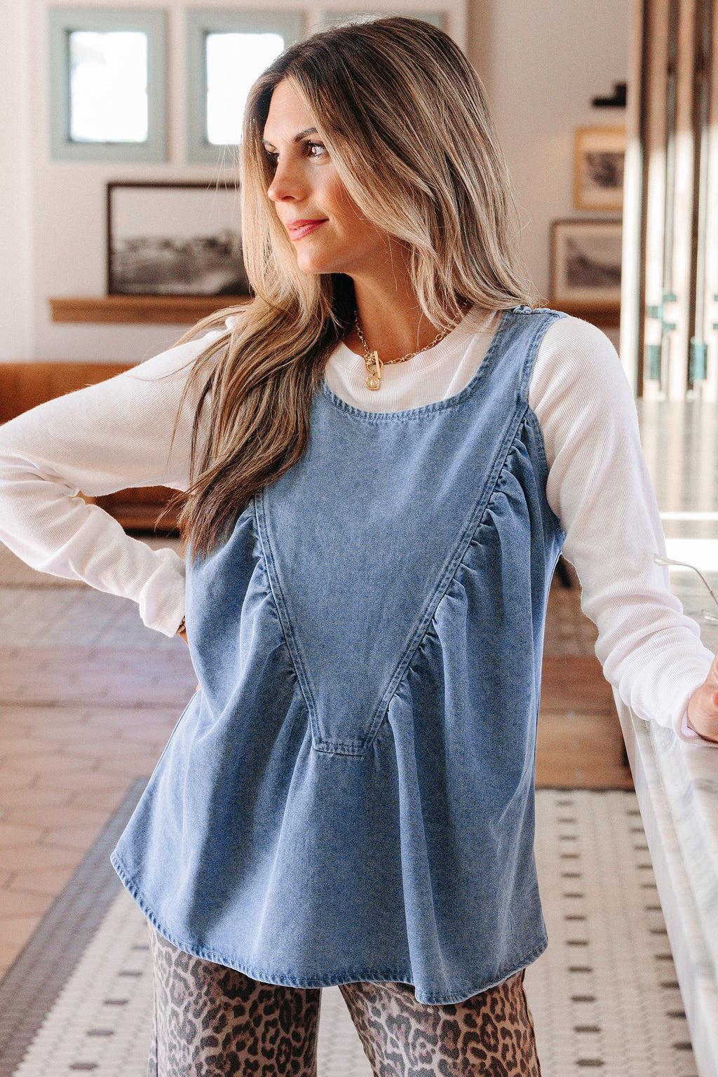 Denim Pleated Patchwork Sleeveless Top