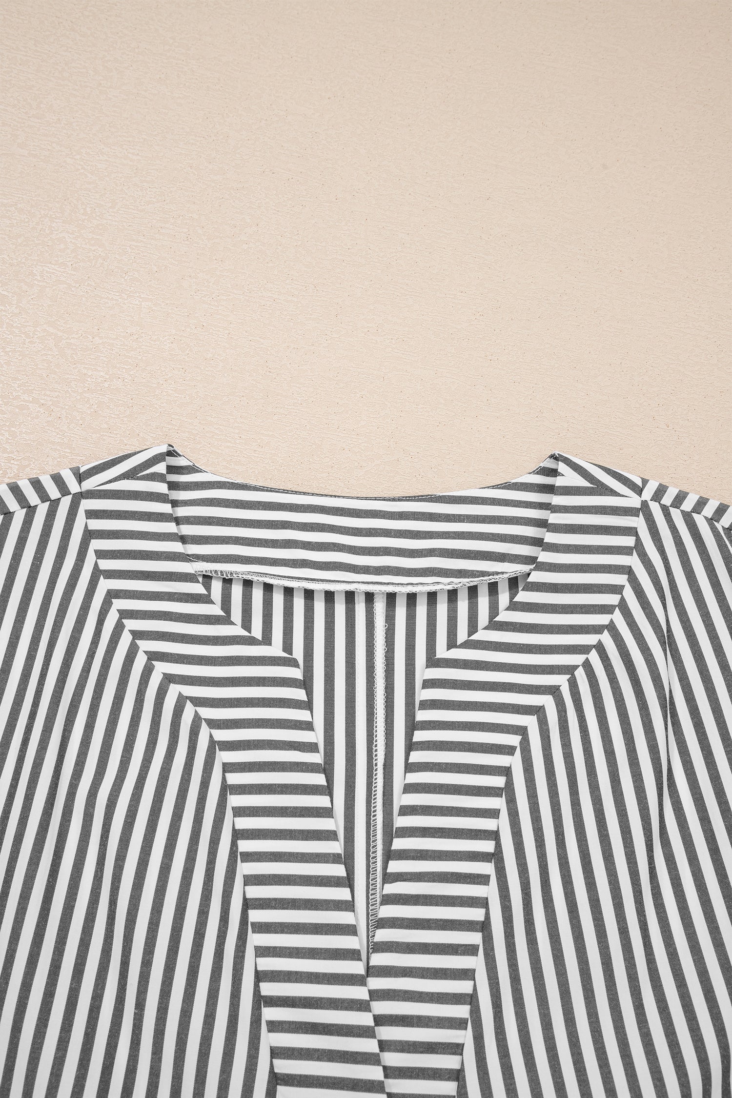 Black Stripe Plus Size V Neck Roll-tab Short Dolman Sleeve Blouse
