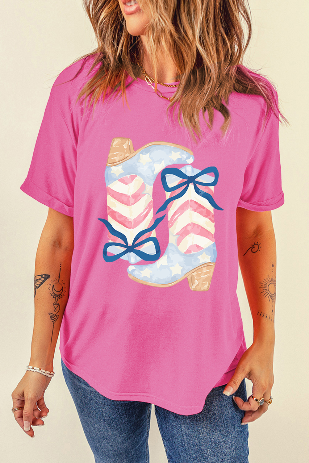 Flag Pattern Boots Bow Casual Graphic Tee