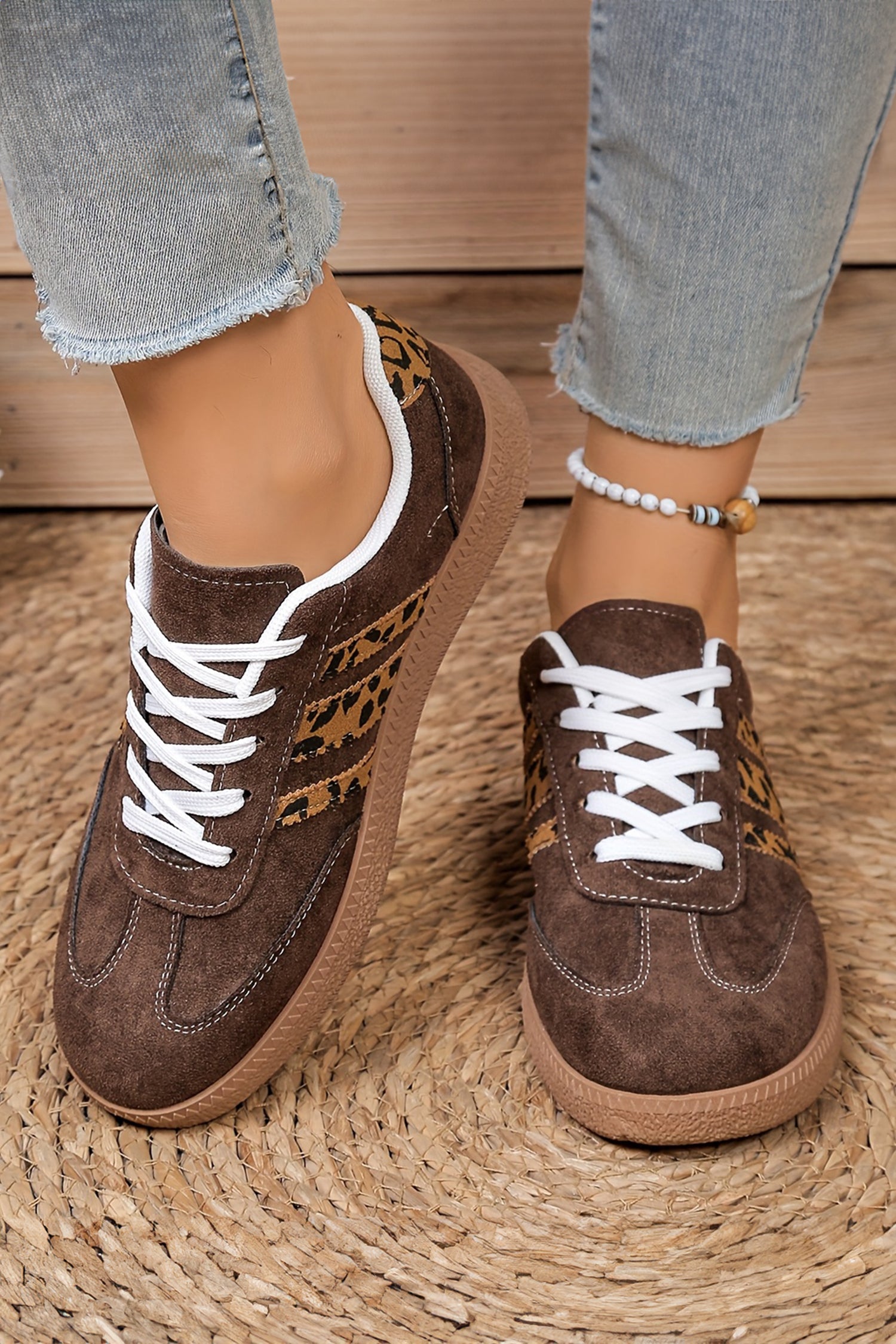 Coffee Lace-up Leopard Faux Suede Shoes