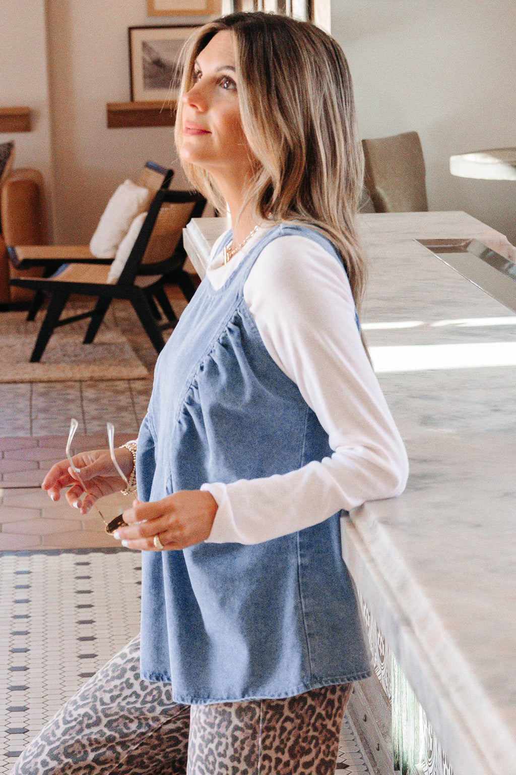 Denim Pleated Patchwork Sleeveless Top