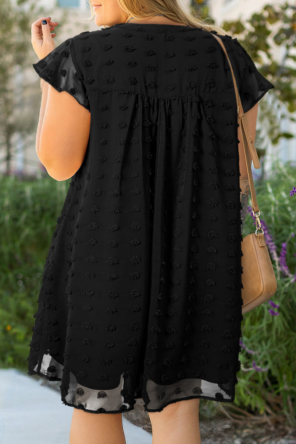 Black Dotty Textured Notched Neck Plus Ruffled Dress