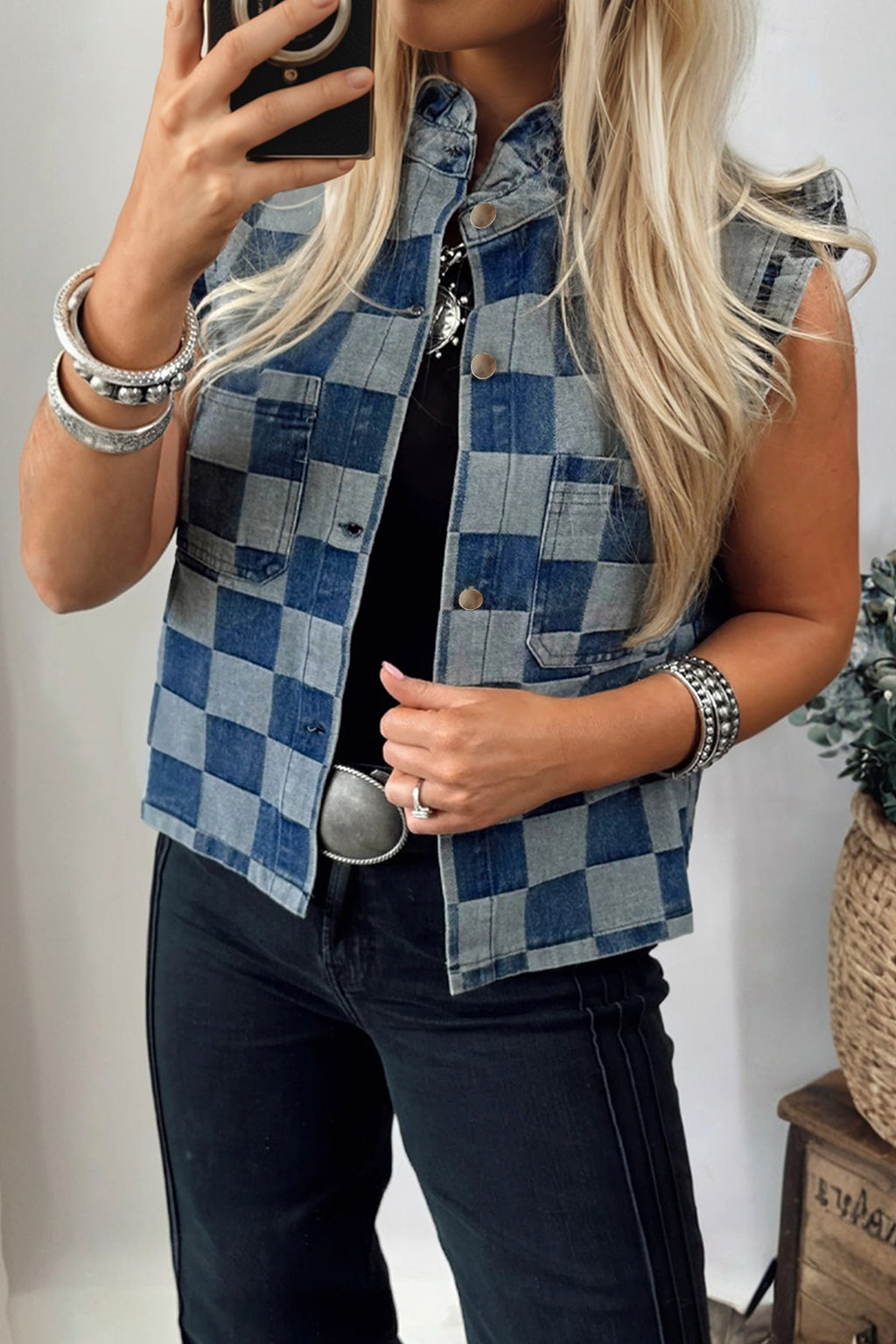 Checkered Ruffle Button Down Denim Vest