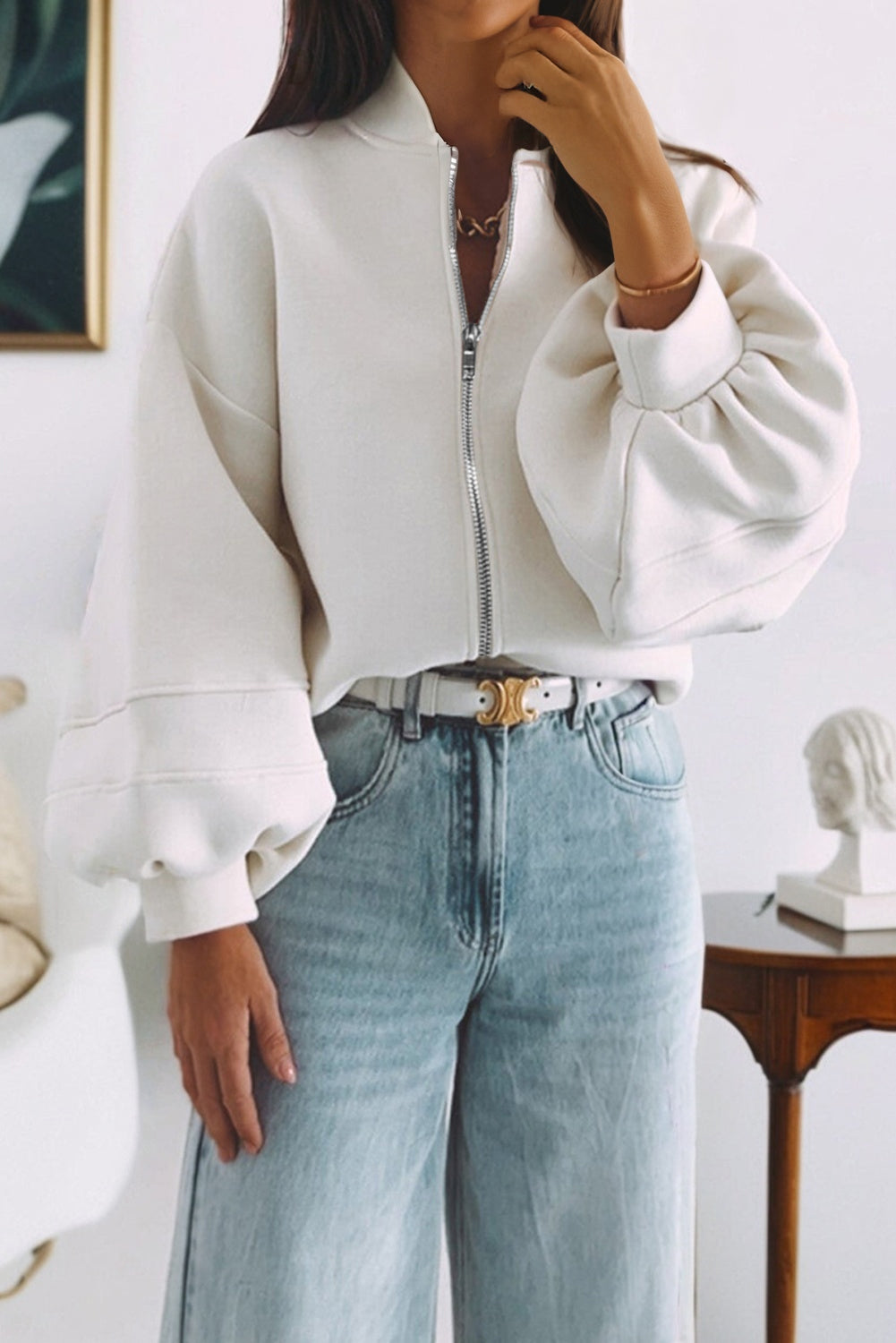 Solid Color Zip Up Knit Puff Sleeve Jacket