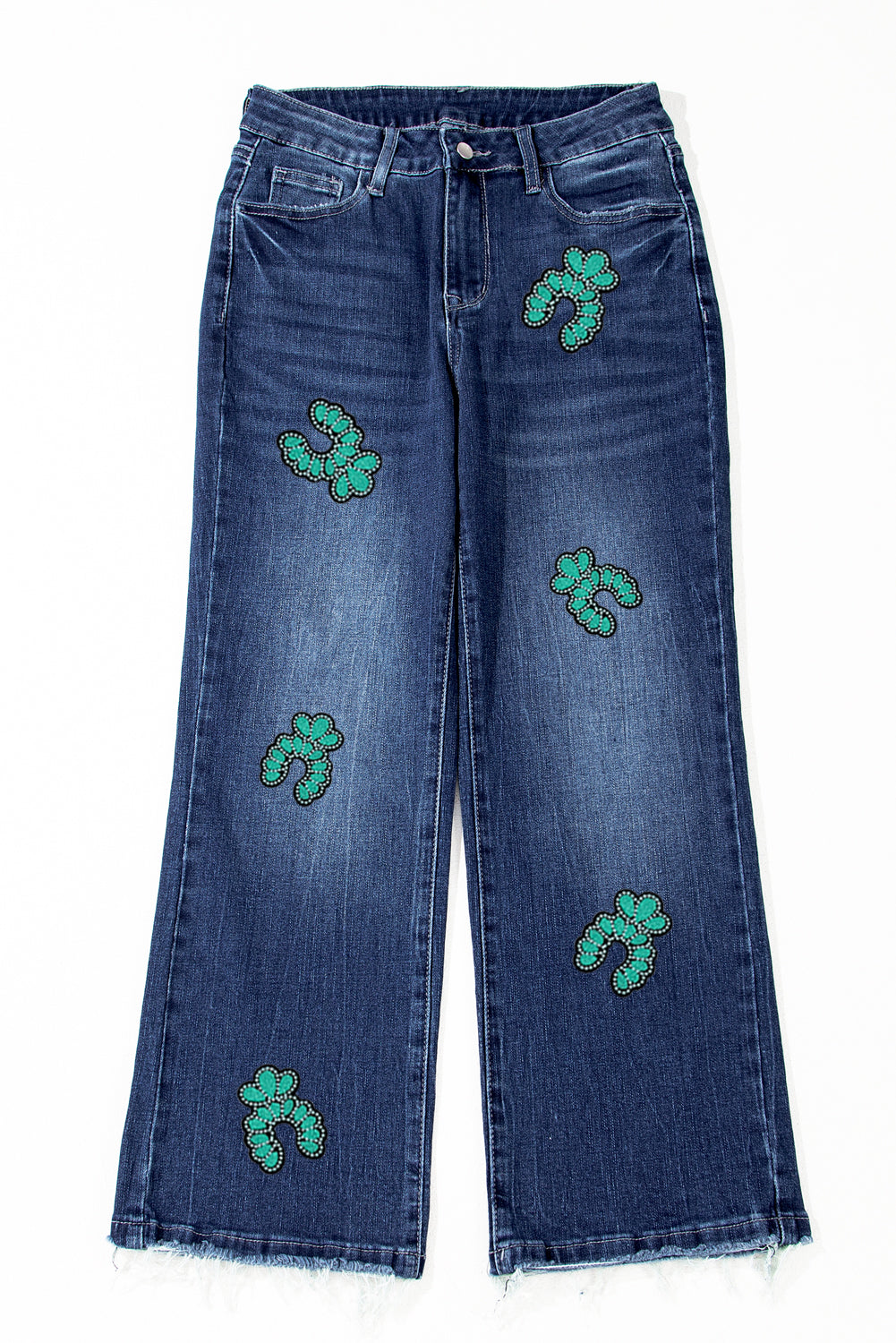 Turquoise Pattern Cropped High Waist Jeans