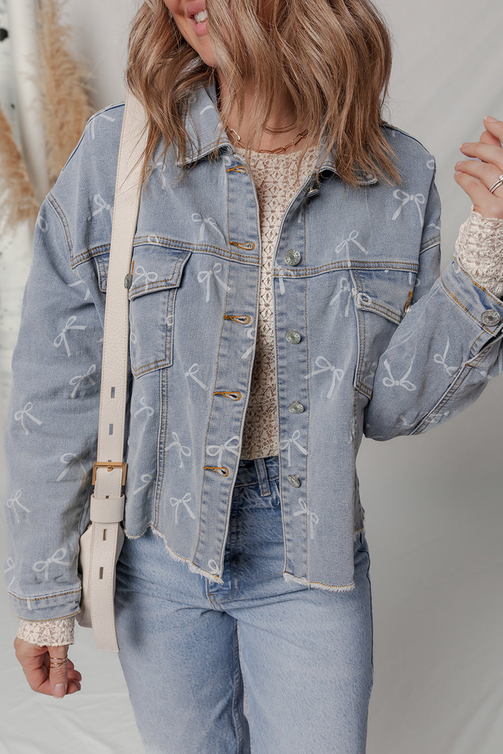 Bow Knot Light Wash Denim Jacket