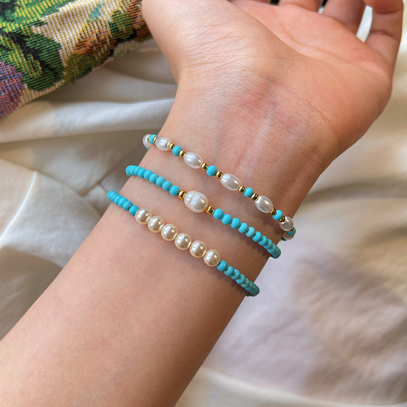 Pearl And Turquoise Bead Bracelet & Necklace