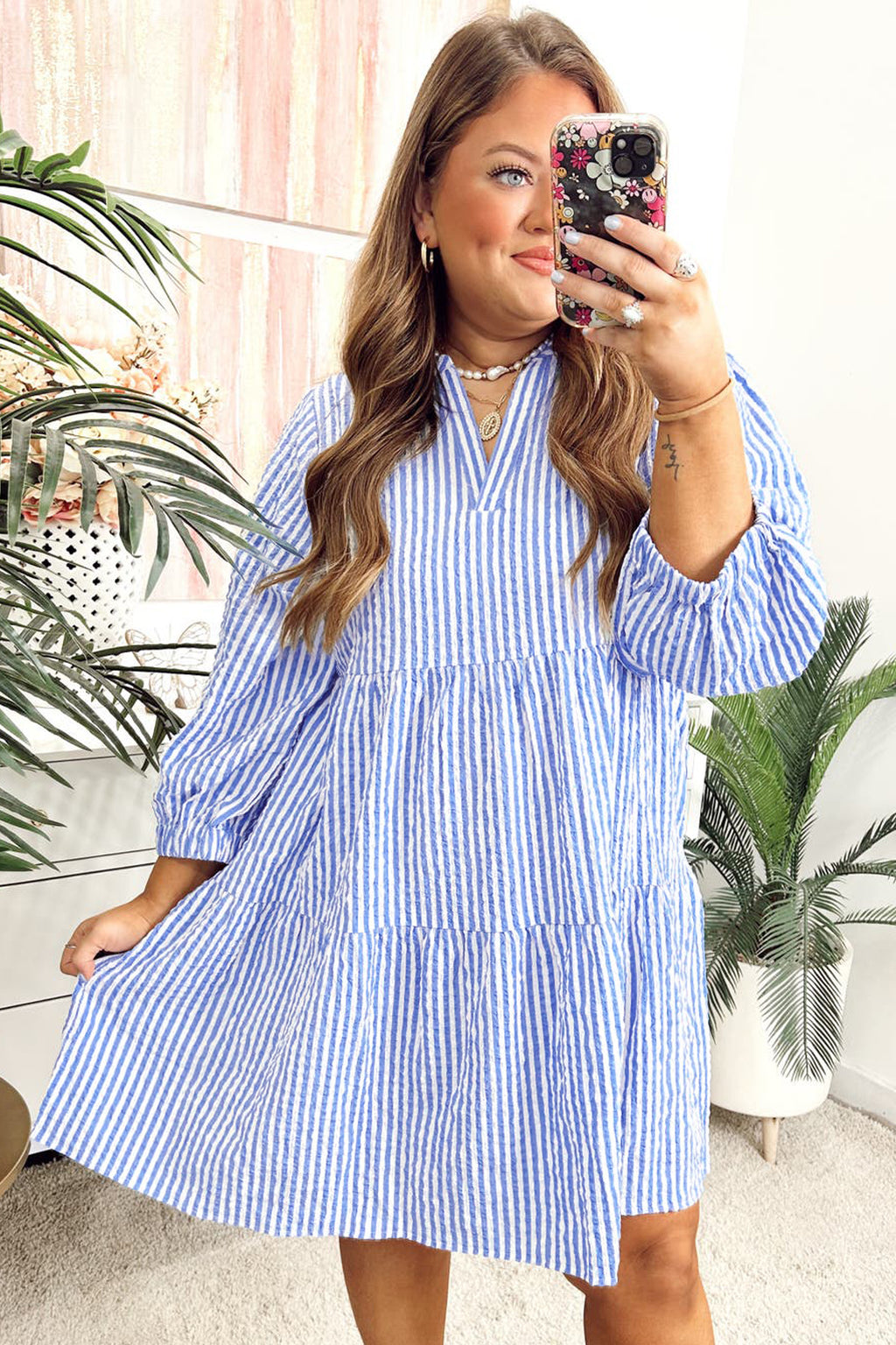 Plus Size Stiped Puff Sleeve Tiered Curvy Dress