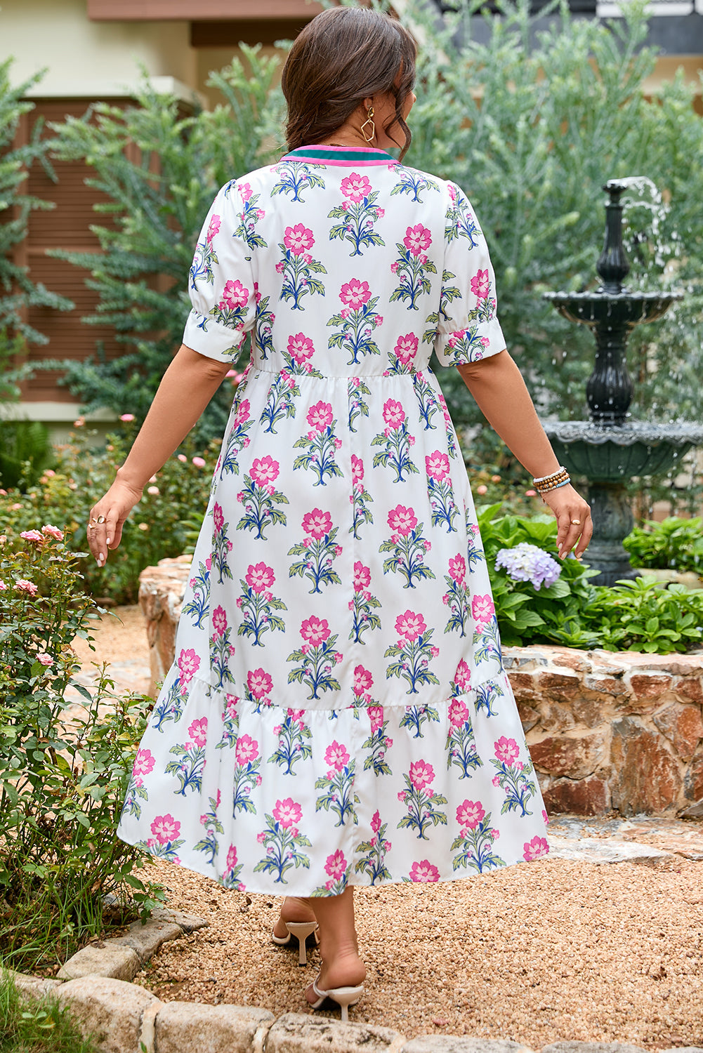 Floral Short Puff Sleeve Curvy Dress