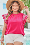 Plus Size Pink Floral Embroidered Flutter Sleeve Blouse