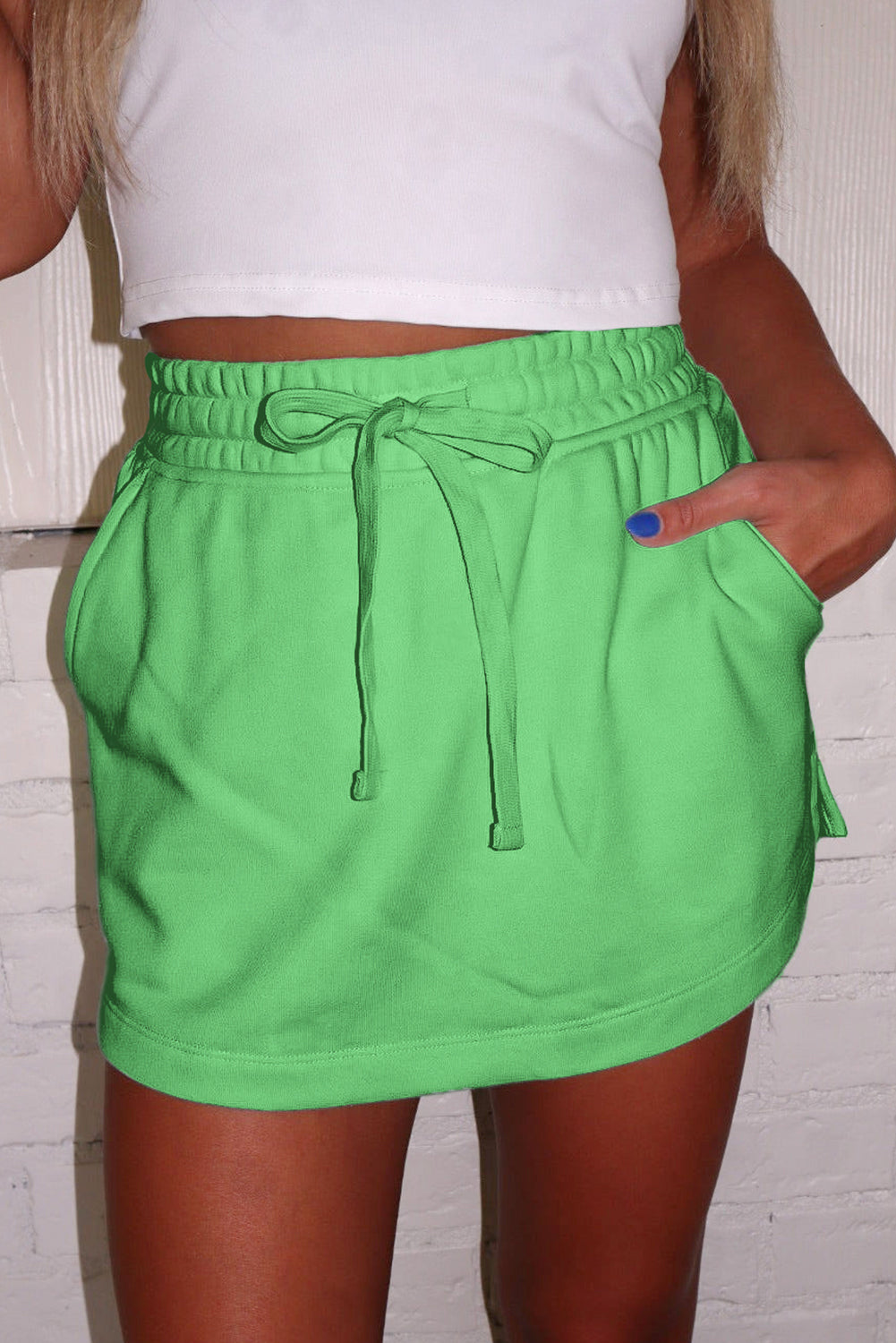 Black French Terry Drawstring Elastic Waistband Mini Skort with Pockets
