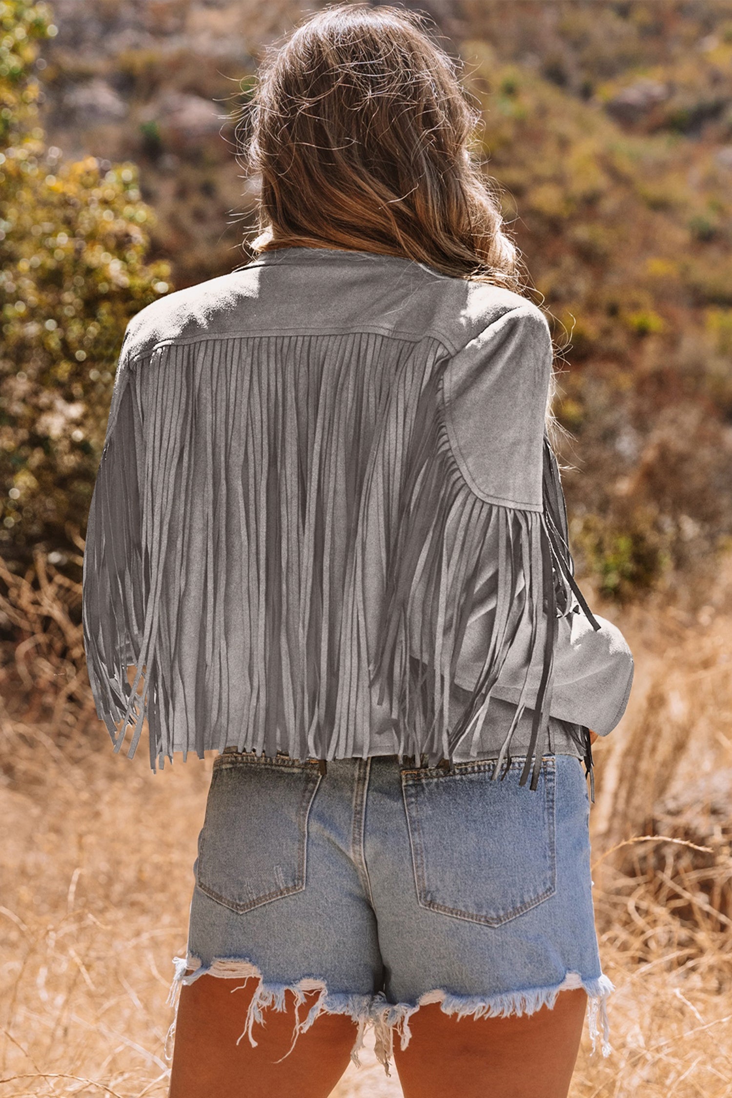 Green Cropped Fringe Faux Suede Jacket