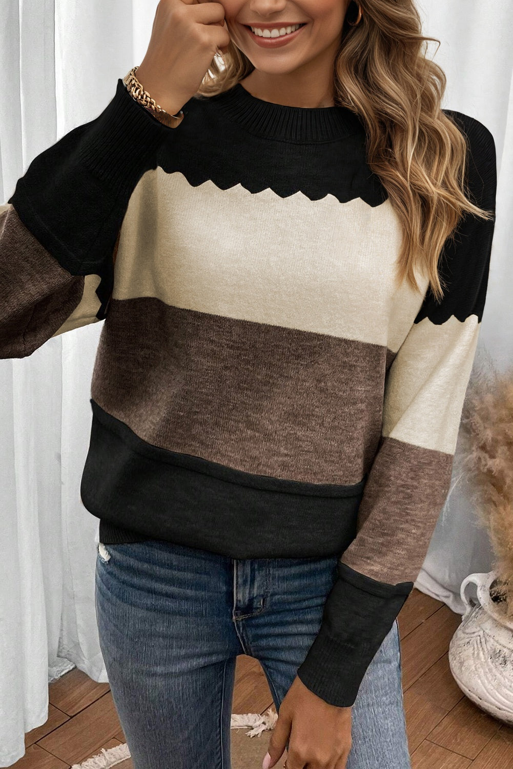 Brown Colorblock Crew Neck Drop Shoulder Sweater
