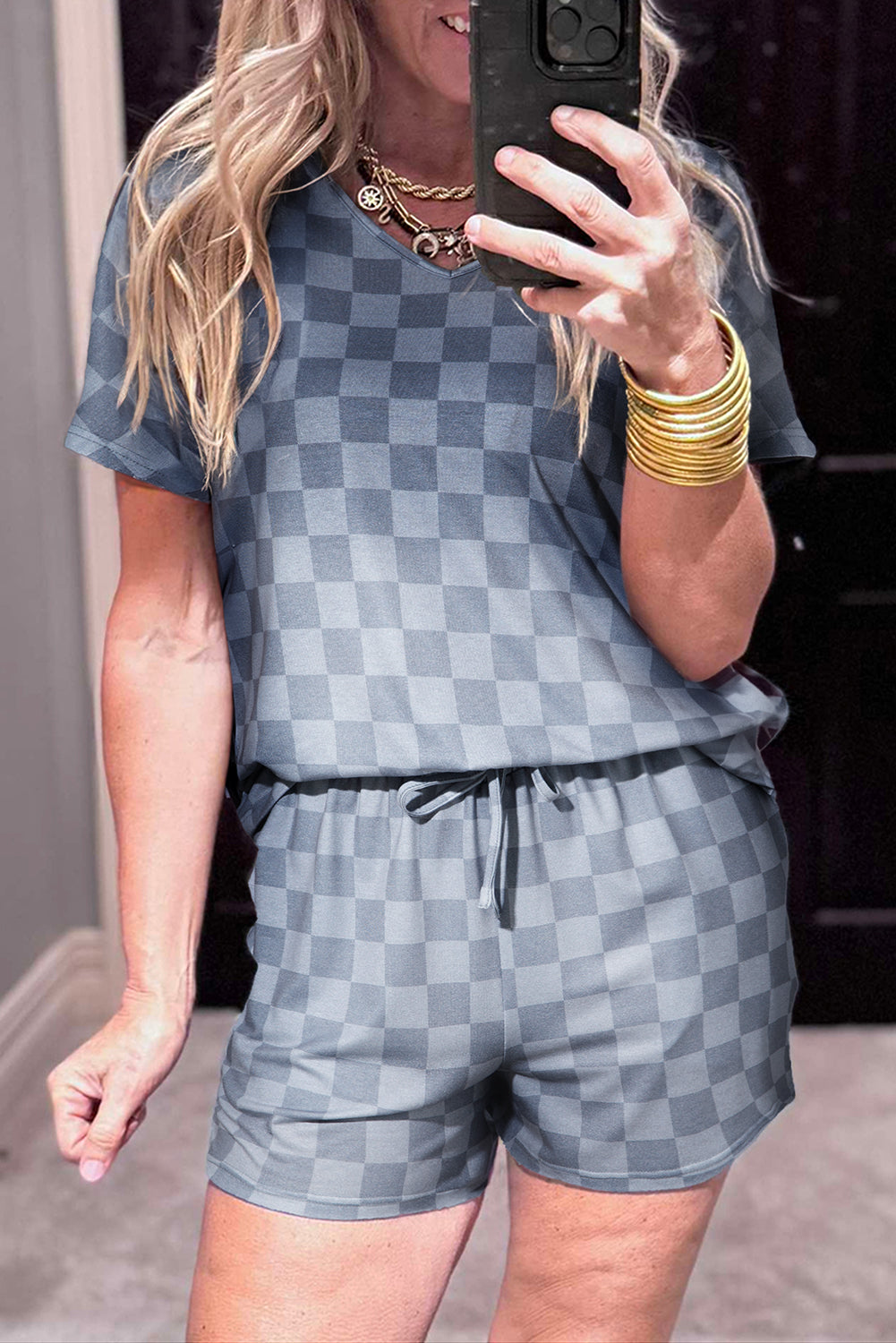 Checkered V Neck Tee & Drawstring Shorts Lounge Set