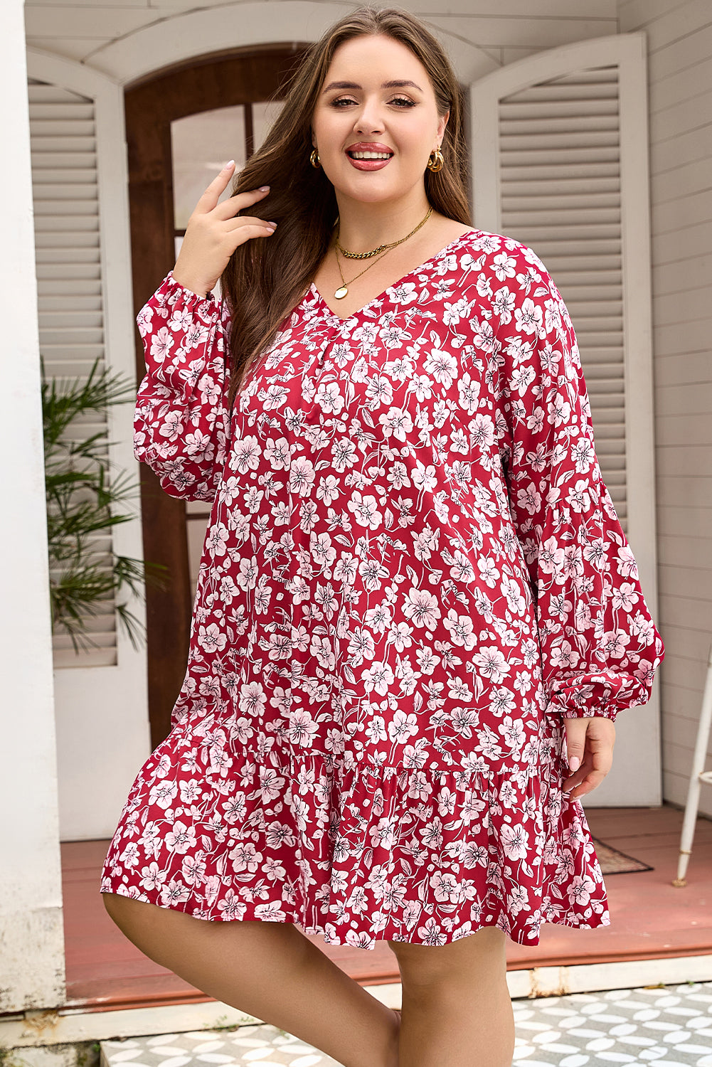Plus Size Floral Balloon Sleeve Relaxed Dress