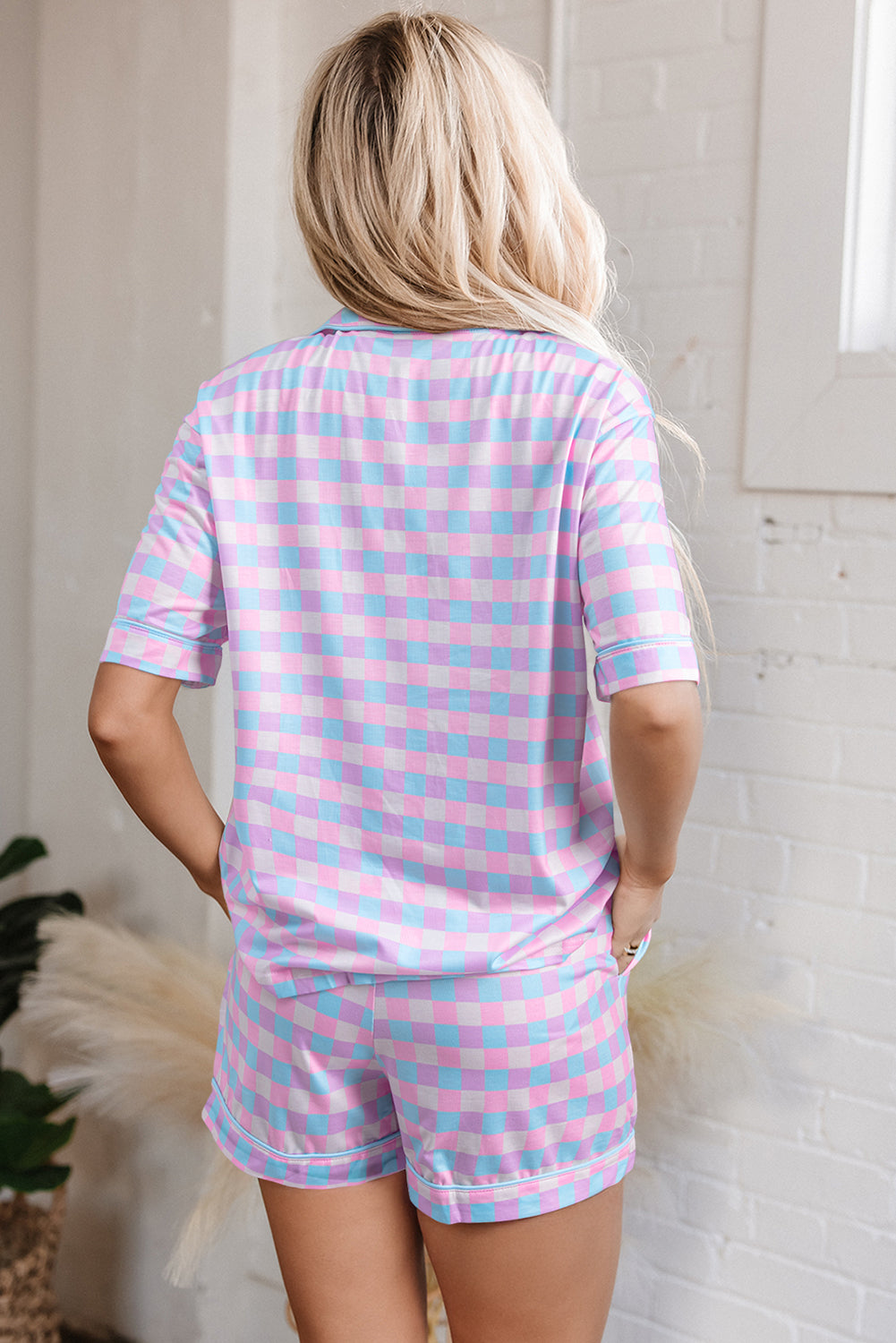 Checkered Pattern Short Sleeve Pajamas Set