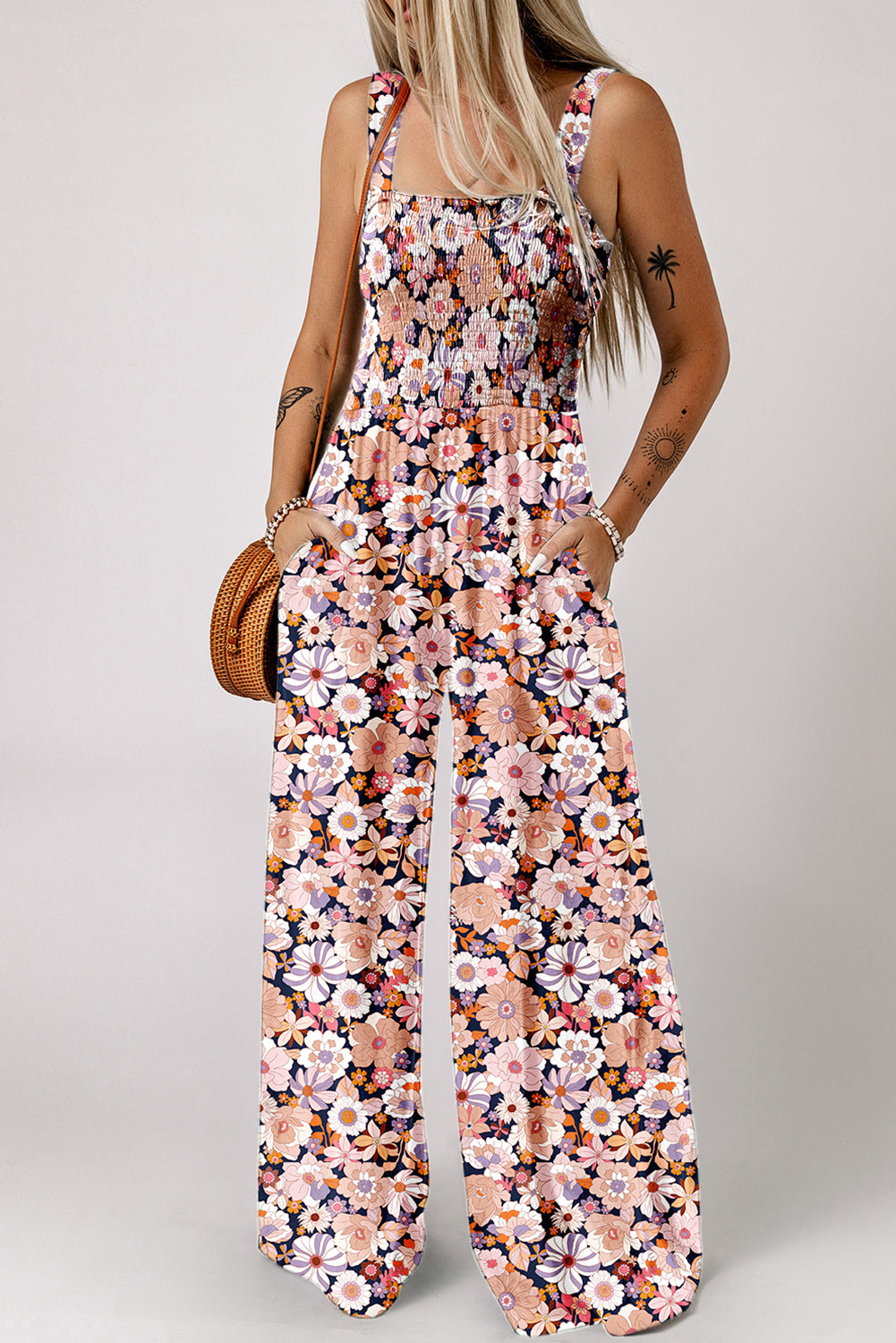 Floral Smocked High Waist Jumpsuit