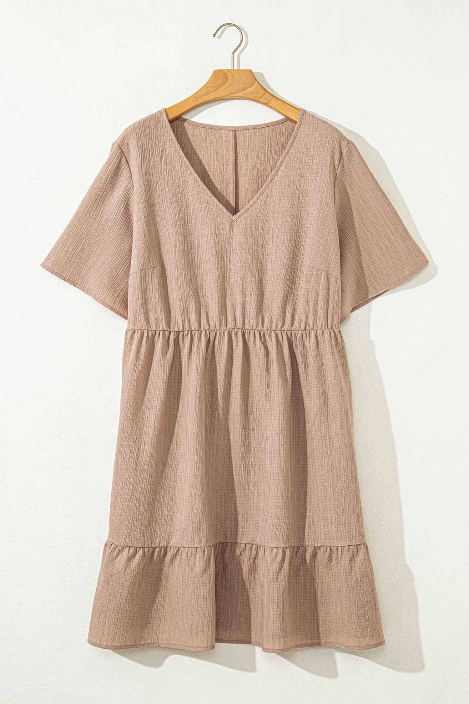 Dark Khaki Plus Size Textured Ruffled Short Sleeve Dress
