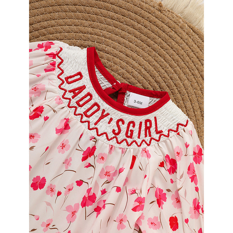 Infant Girls' Floral Smocked Romper 'DADDY'S Girl' Embroidery Short Sleeve Crew Neck Adorable Princess Party Bodysuit