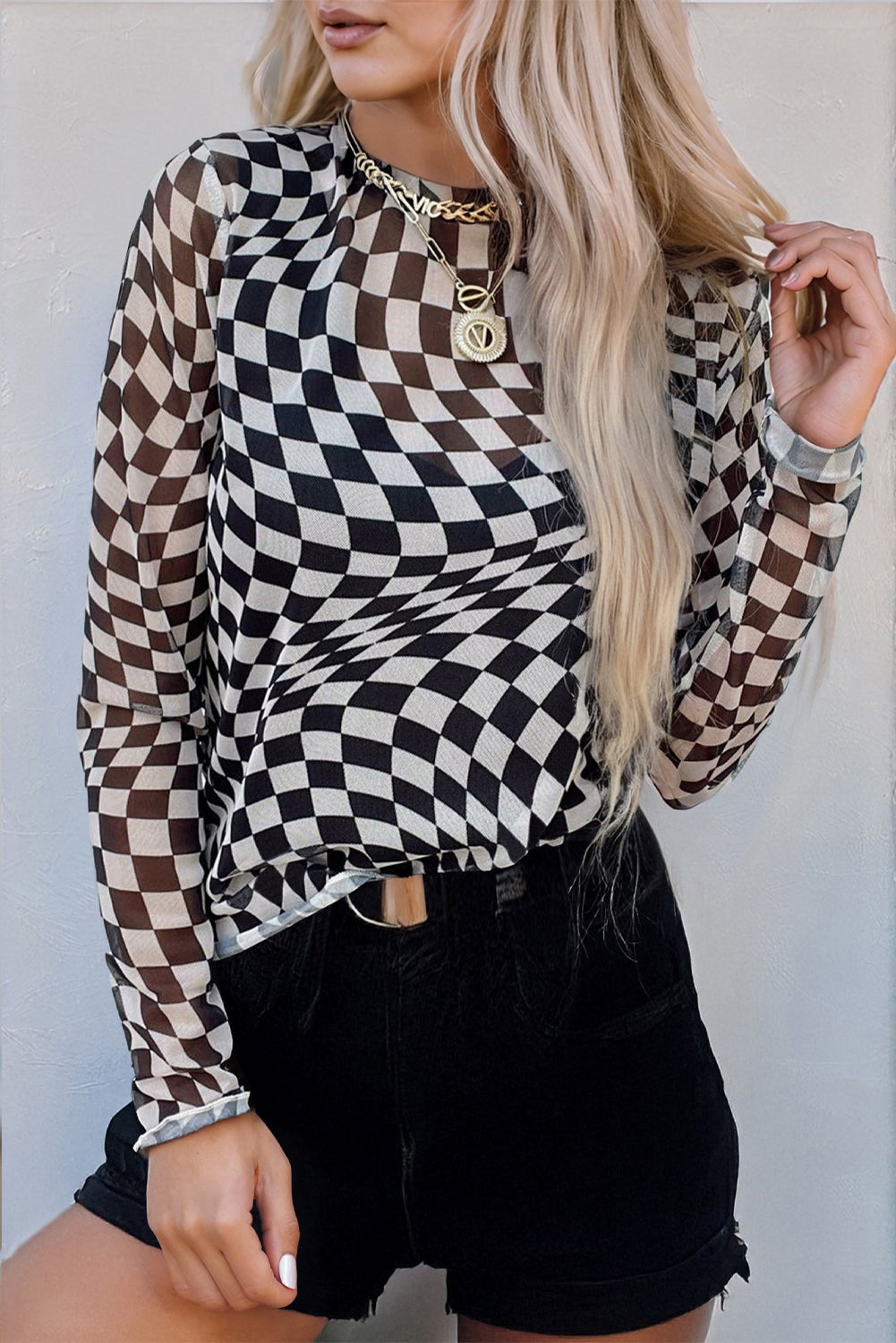 Checkered Pattern Mesh Mock Neck Long Sleeve Top