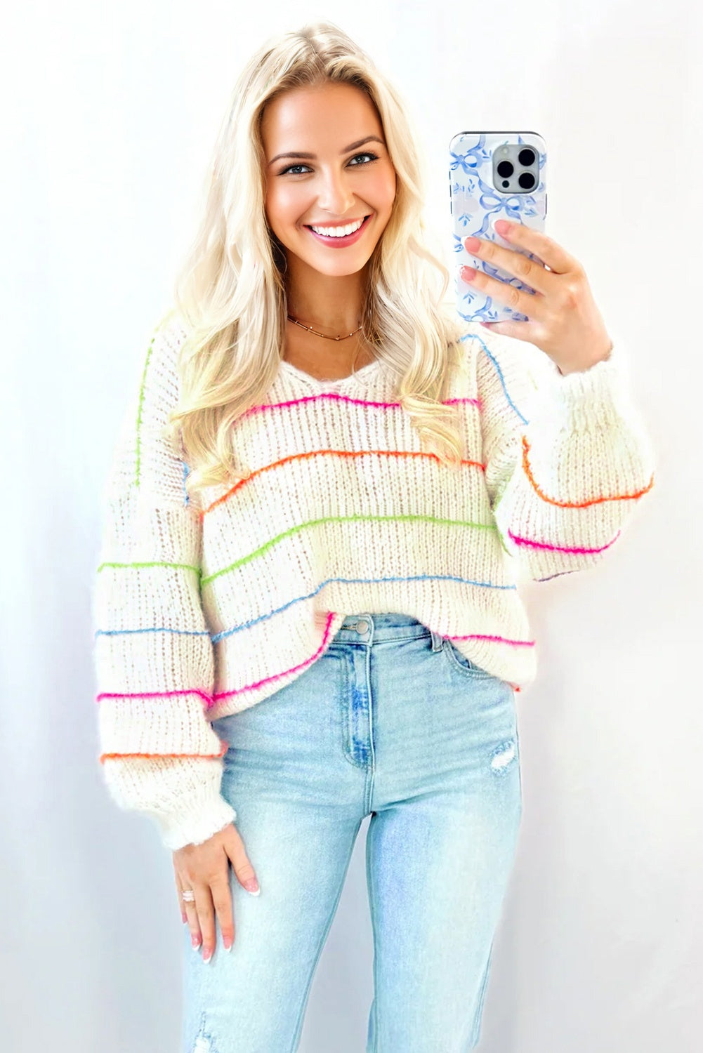 Colorful Striped V Neck Sweater