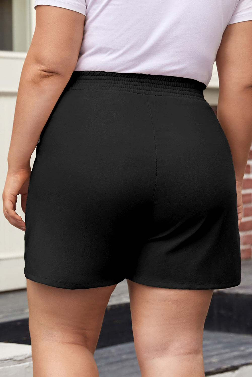 Black Plus Size Crossed Elastic Waist Cotton Linen Loose Shorts