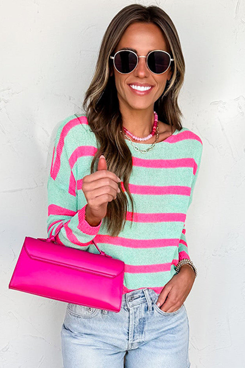 Green Stripe Round Neck Casual Sweater