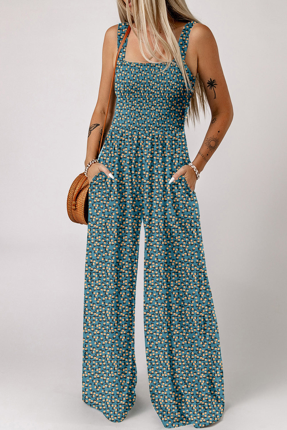 Floral Smocked High Waist Jumpsuit