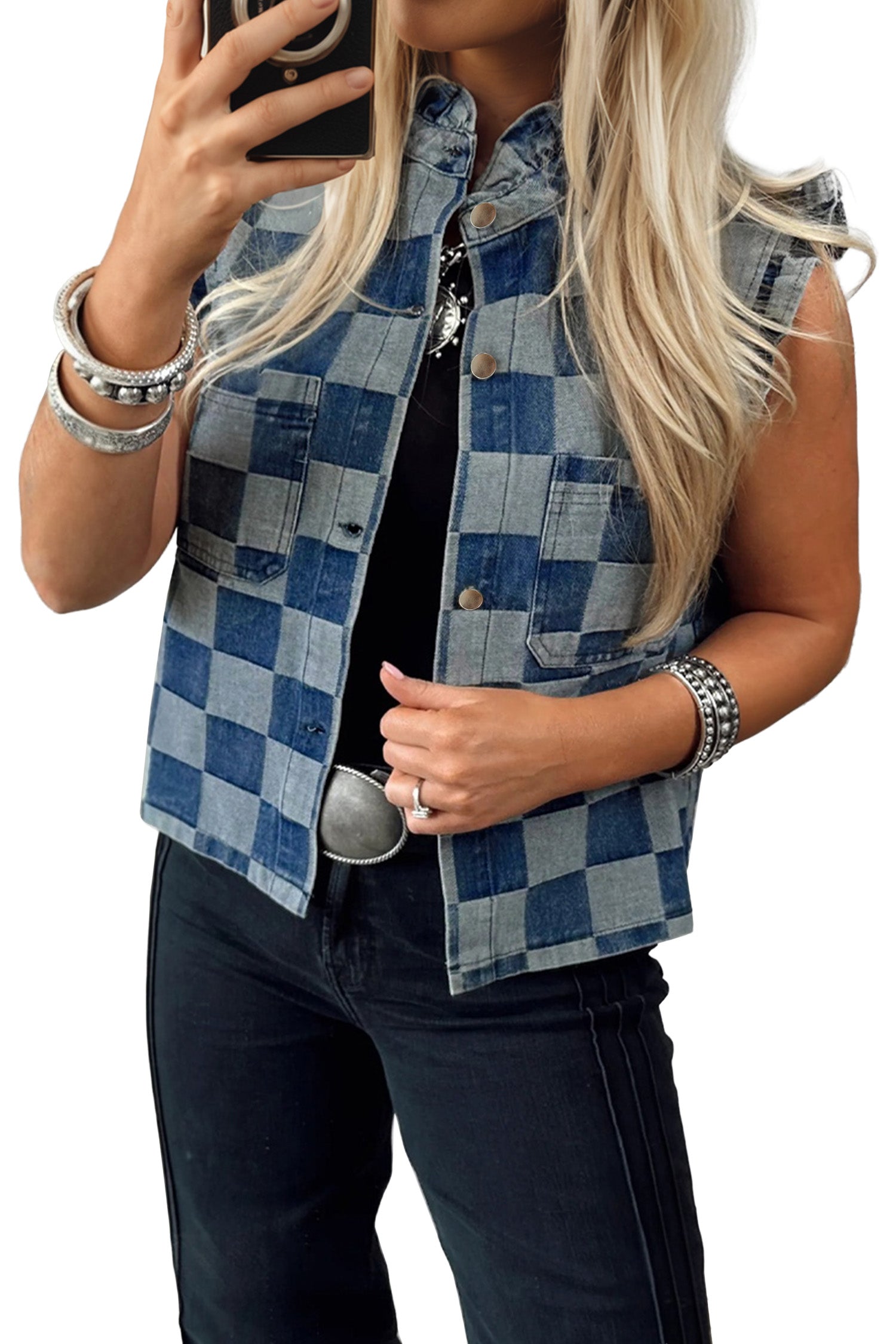 Checkered Ruffle Button Down Denim Vest