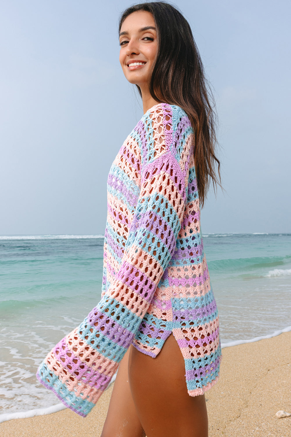 Carrot Multi Stripe Open Knit Sweater Beach Cover Up
