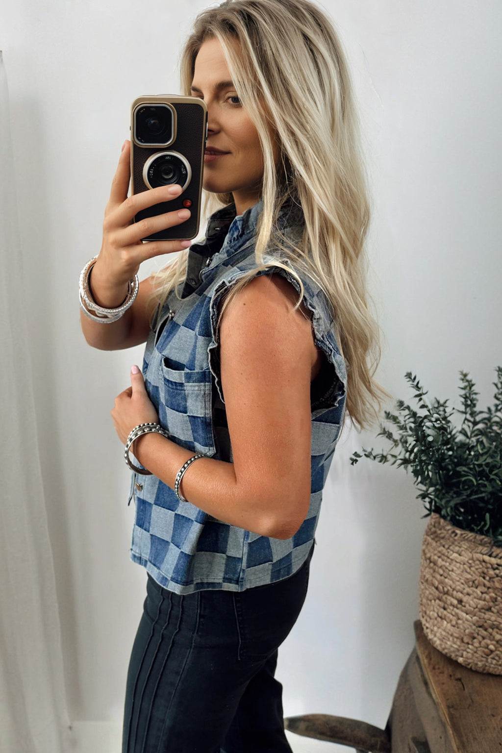 Checkered Ruffle Button Down Denim Vest