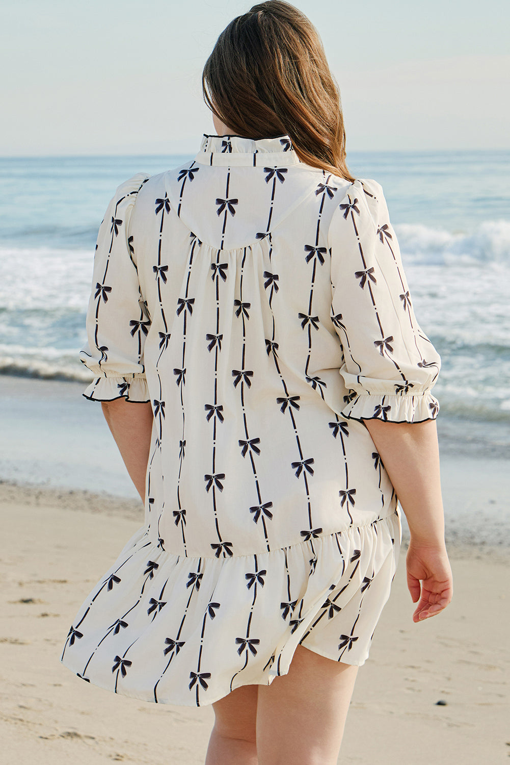 Plus Size Bow Puff Sleeve Ruffled Mini Dress