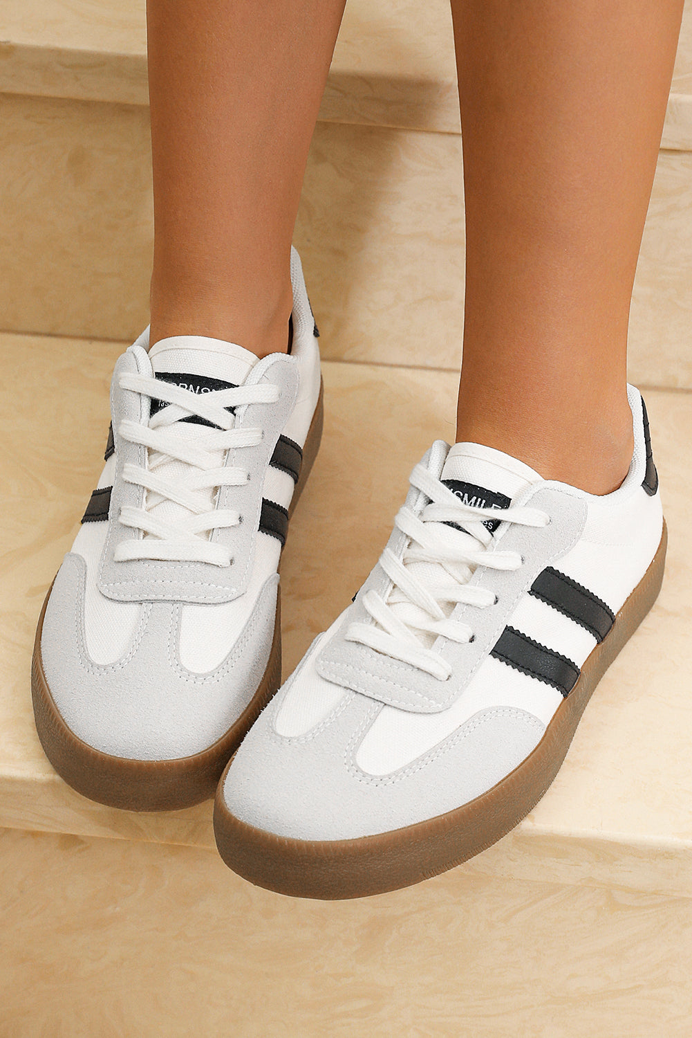 White Striped Lace-Up Flat Sneakers