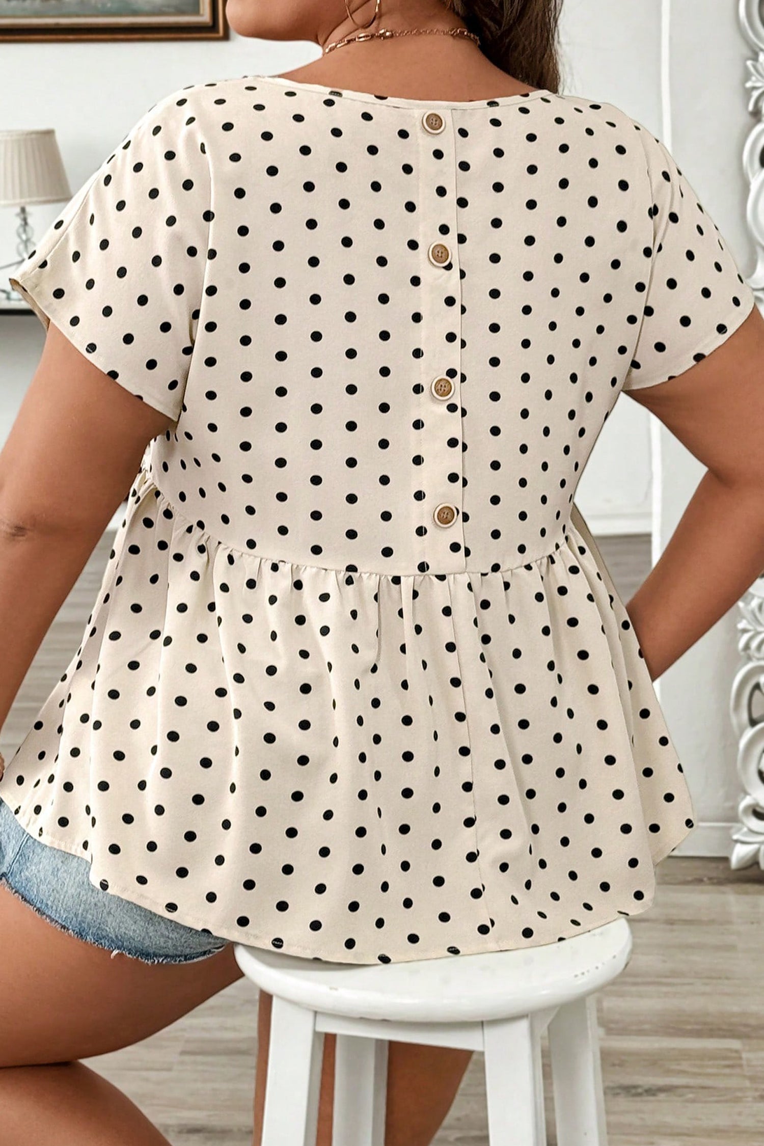 Plus Size Polka Dot Short Sleeve Blouse