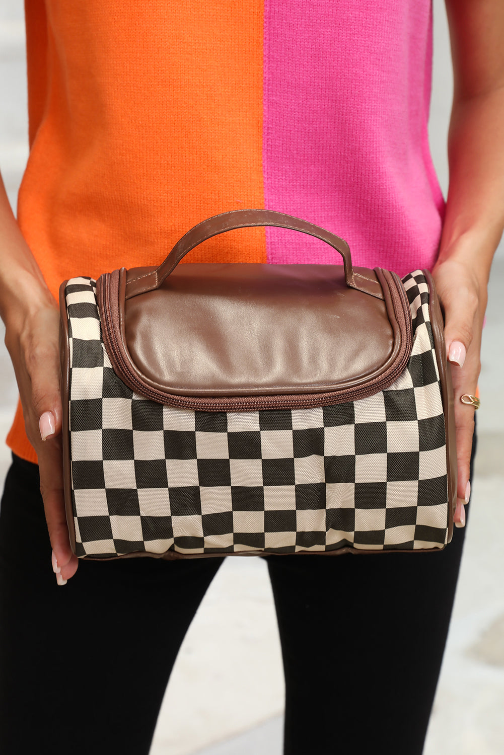 Checkered Leather Zipper Makeup Bag