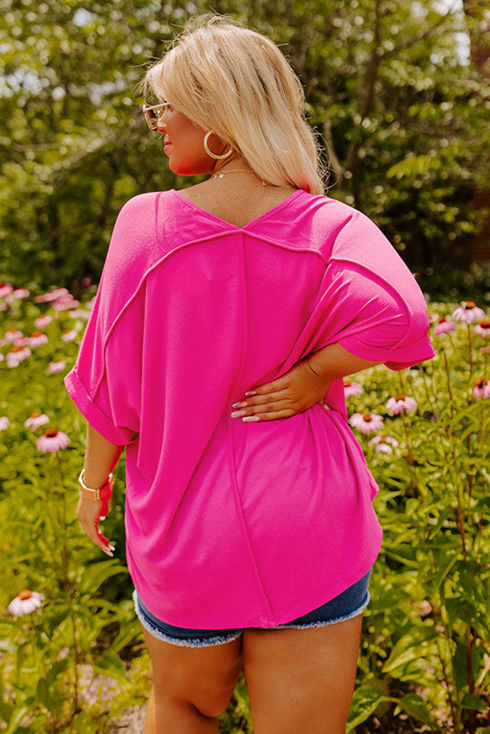 Bright Pink Seamed Back High Low Hem V Neck Cuffed Sleeve Plus Size Tee