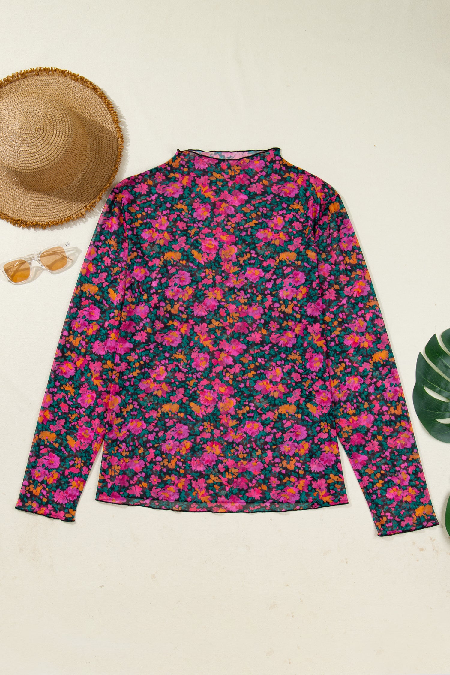 Plus Size Floral Print Mesh Long Sleeve Top