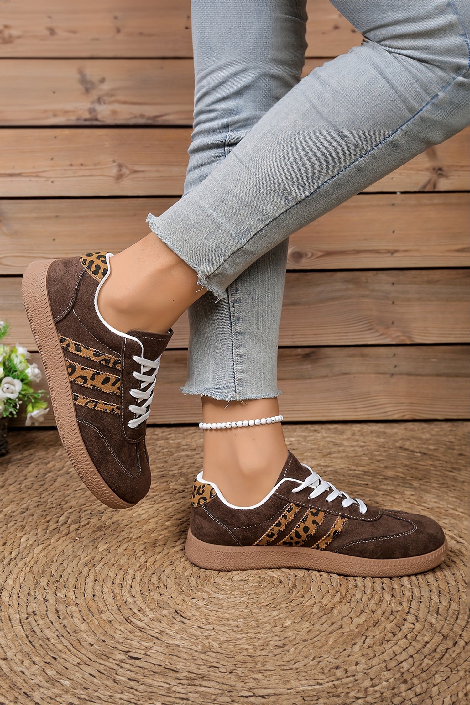 Coffee Lace-up Leopard Faux Suede Shoes