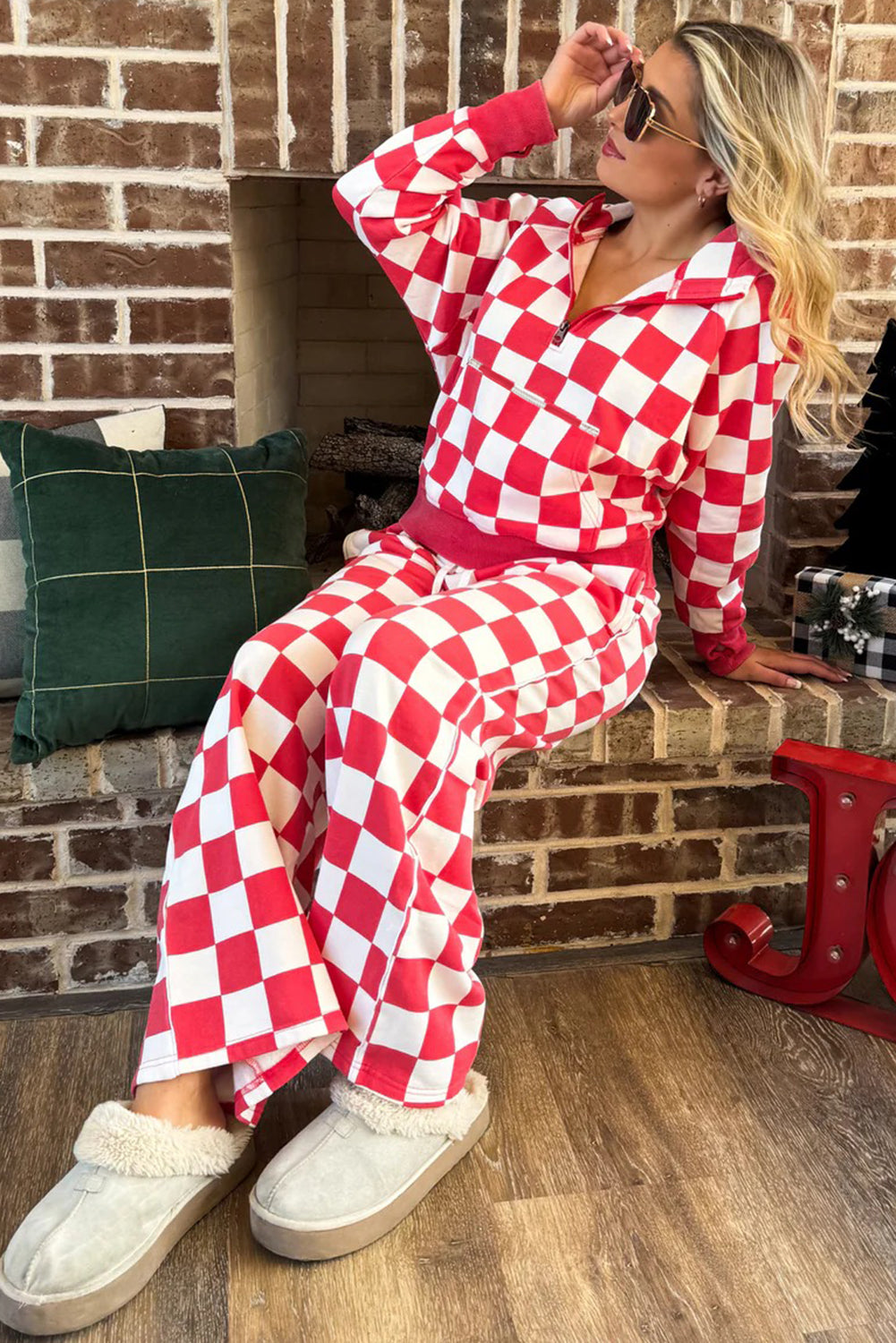 Checkered Half Zip Hoodie & Loose Pant Set